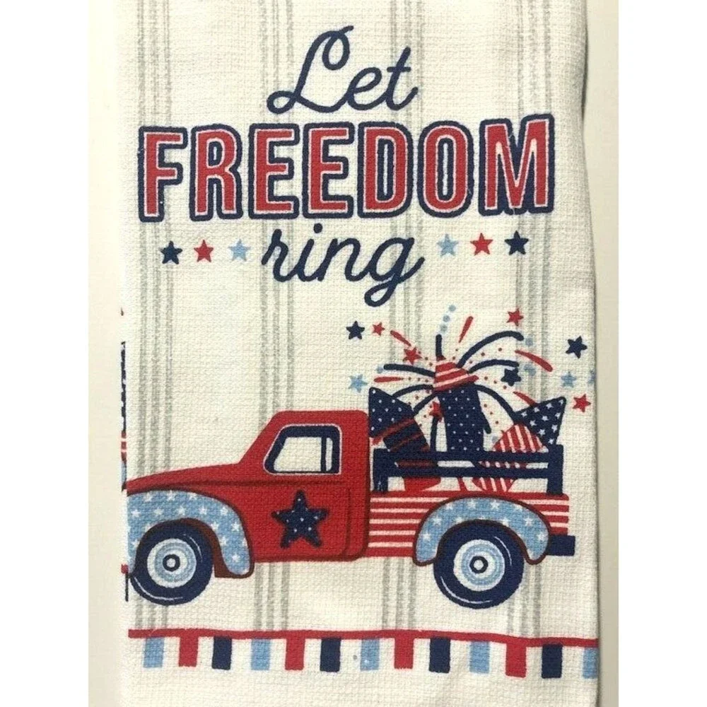 July 4th Kitchen Dish Towels Set of 2 Let Freedom Ring Red Farm Truck Fireworks